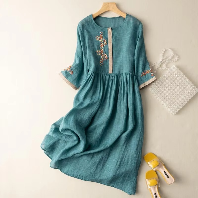 Women's cotton linen sleeveless A-line summer dress with Chinese ethnic detailing, French silhouette