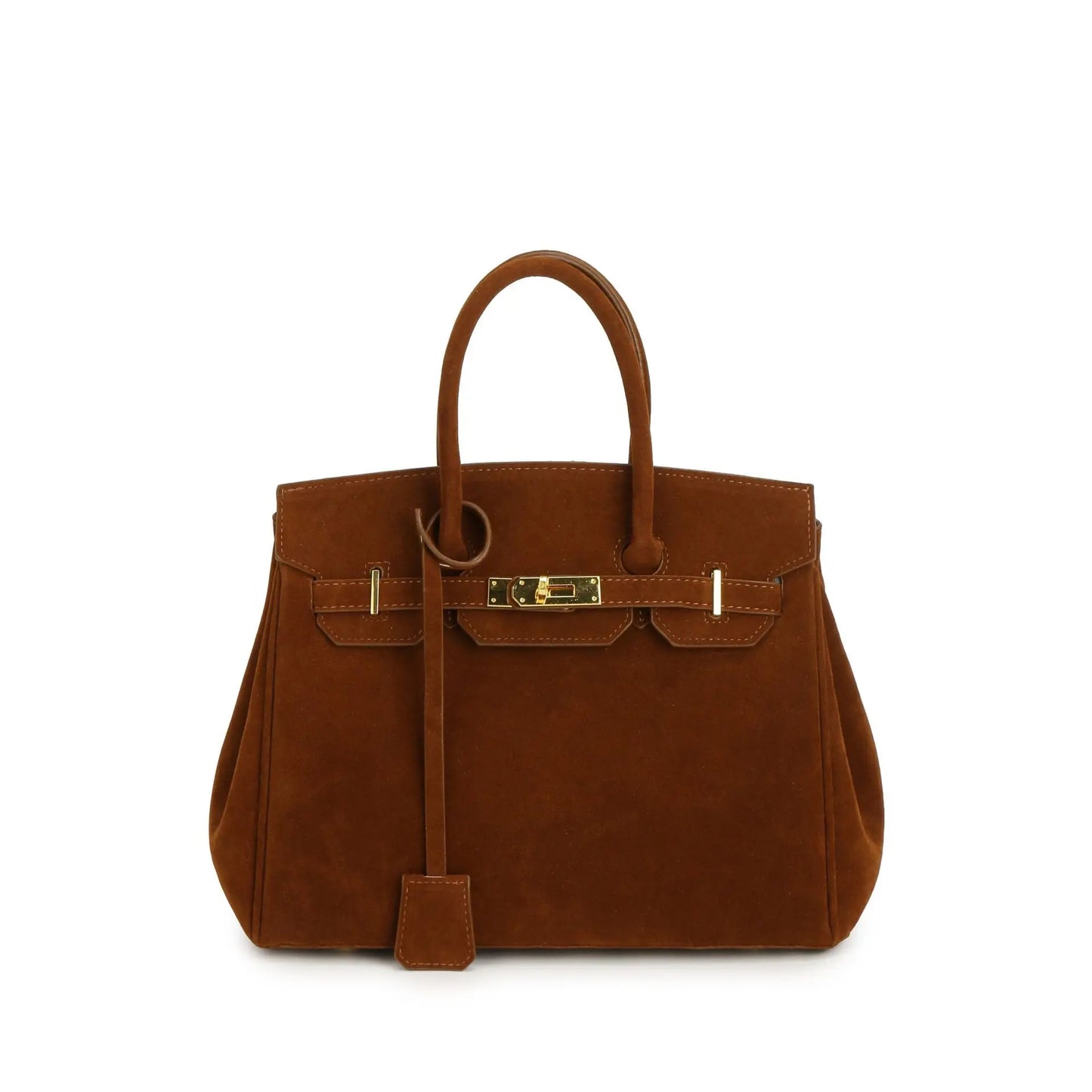 Kelly structured suede shoulder bag with gold hardware, elegant vintage-inspired luxury design