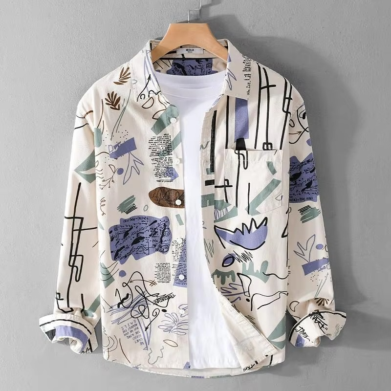 Men's vintage graffiti print long sleeve shirt, relaxed fit streetwear with turn-down collar