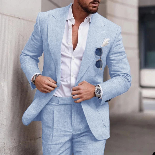 Beige slim fit linen suit men single breasted lightweight breathable wedding formal wear