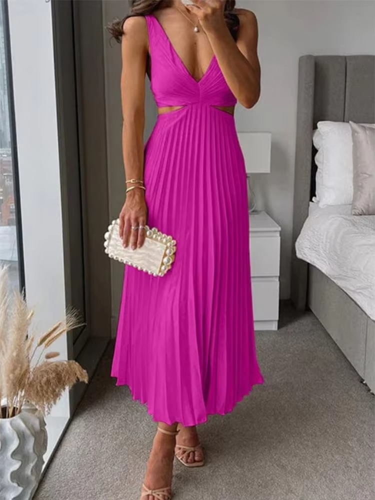 Sleeveless maxi dress deep V neck pleated high waist breathable soft fabric summer women