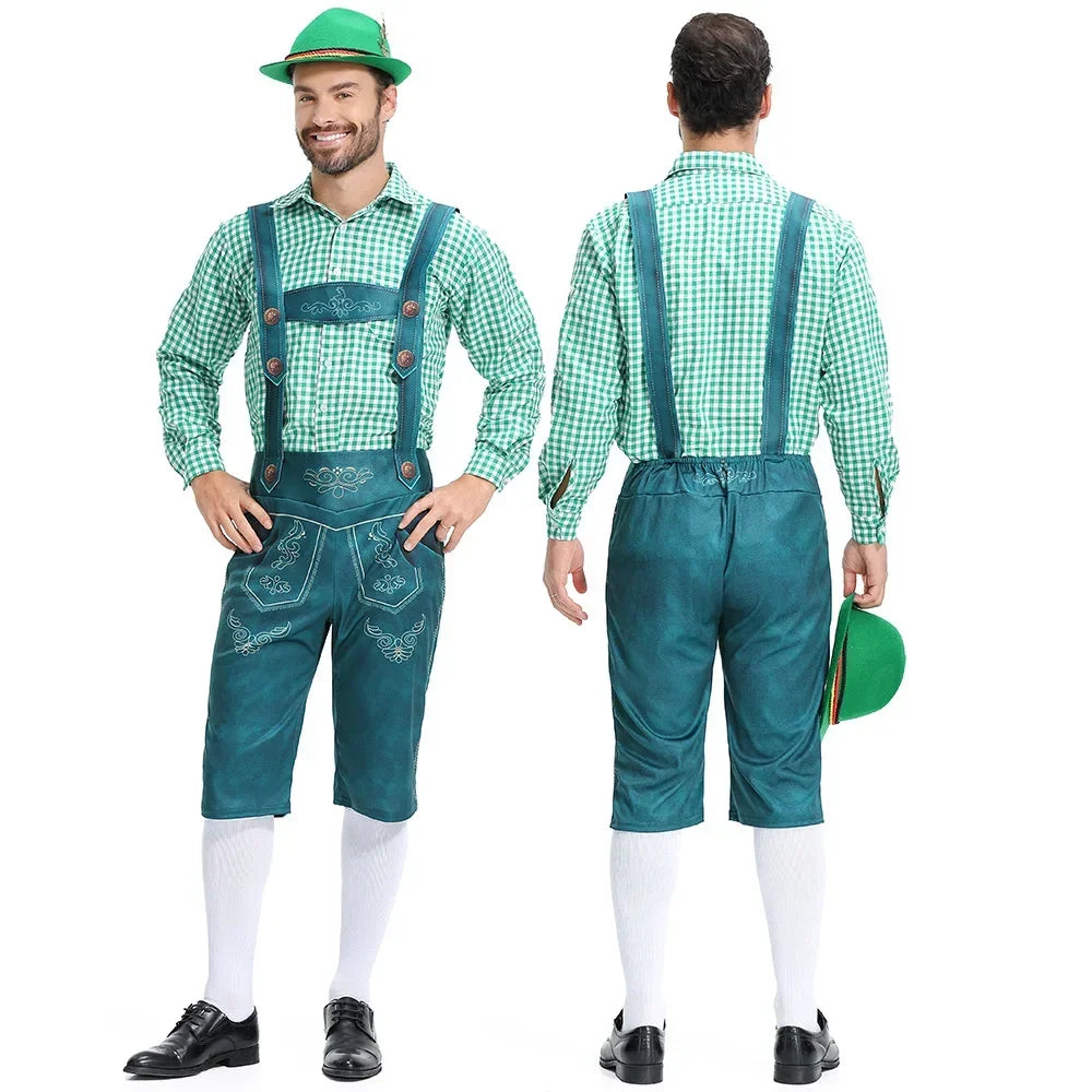 Men's brown Bavarian lederhosen tailored fit with embossed detailing and embroidered bib for Oktoberfest