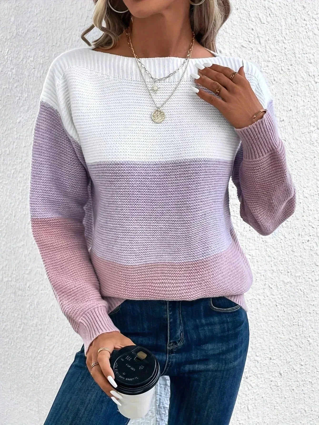 Women's ribbed color block cropped boat neck sweater relaxed fit knit pullover