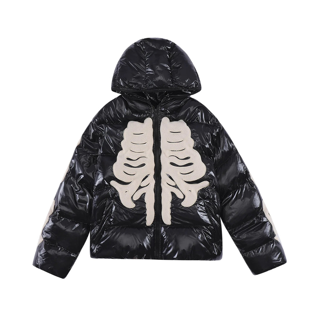Black skeleton print hooded parka with horned hood and intricate bone detailing, 100% cotton padded winter coat