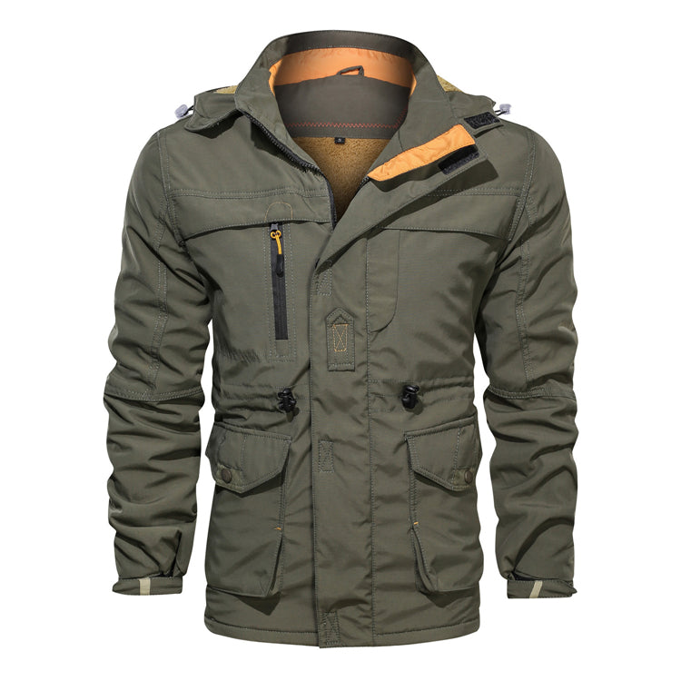 Men's insulated dark parka winter coat modern urban silhouette with clean lines for cold weather