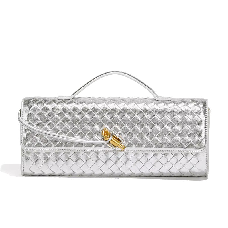 Woven women's clutch bag textured finish top handle rectangular structured evening elegant