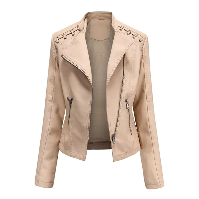 Women's black PU leather motorcycle jacket slim fit short cut with bold front zipper closure