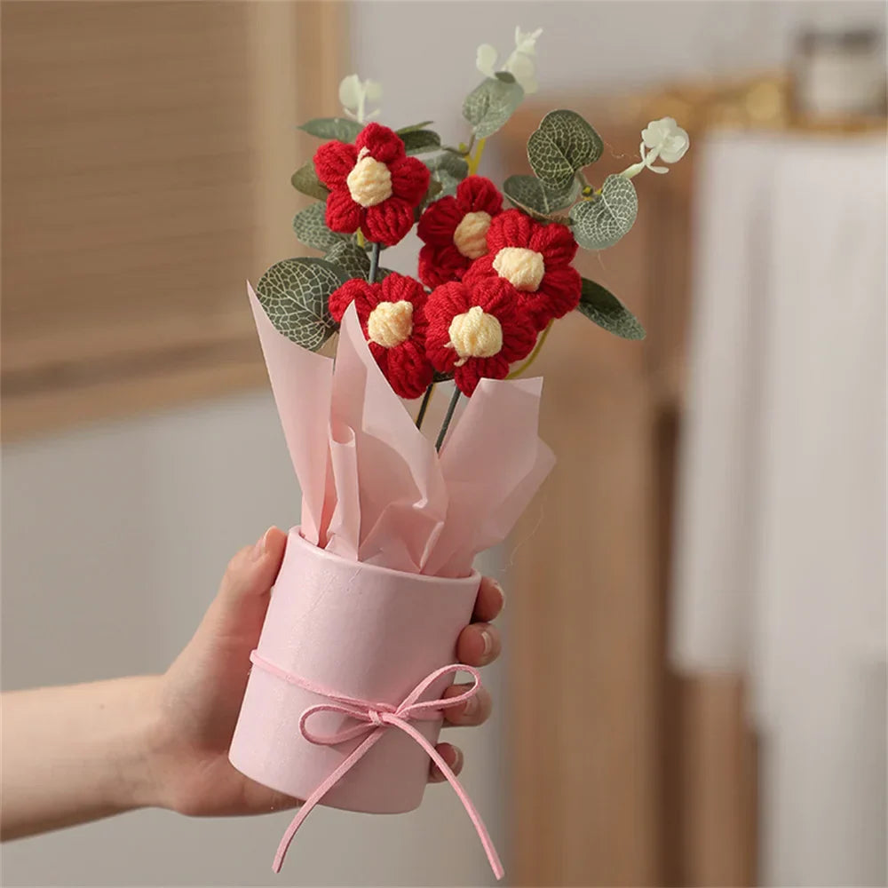 Handcrafted knitted flower bouquet ultra-soft plush blooms home decor accent maintenance-free gift