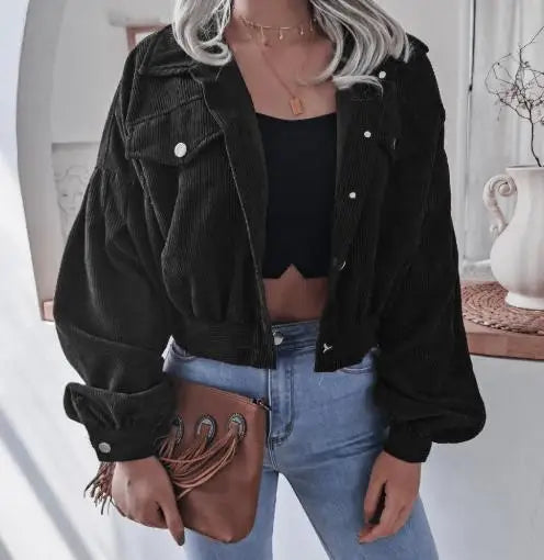 Mila cropped corduroy jacket women casual lapel button closure soft textured urban chic layering
