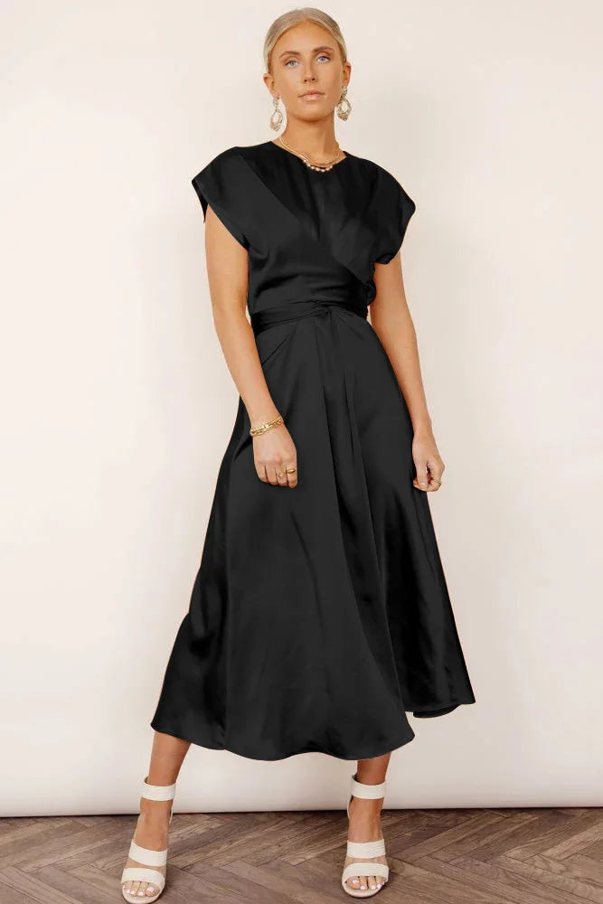 Women's satin-look midi dress with V-neck wrap, A-line silhouette, and luxurious draping finish