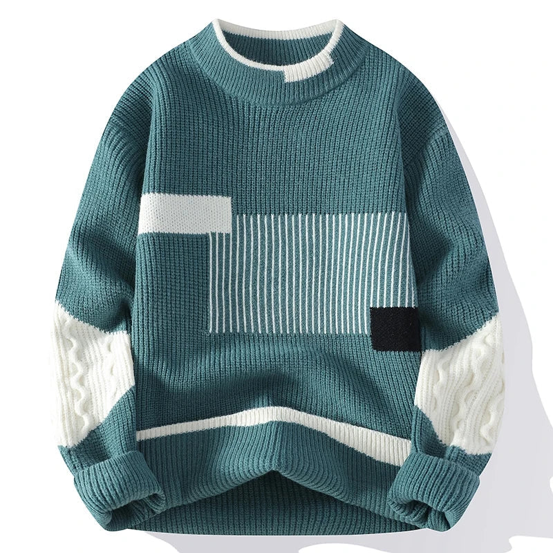 Multicolor patchwork knit pullover unisex crew neck sweater with bold contrasting panels fall style