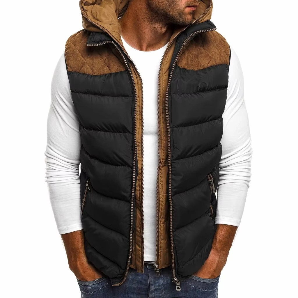 Men's black hooded sleeveless quilted puffer vest with embroidery zip-up lightweight warm street style