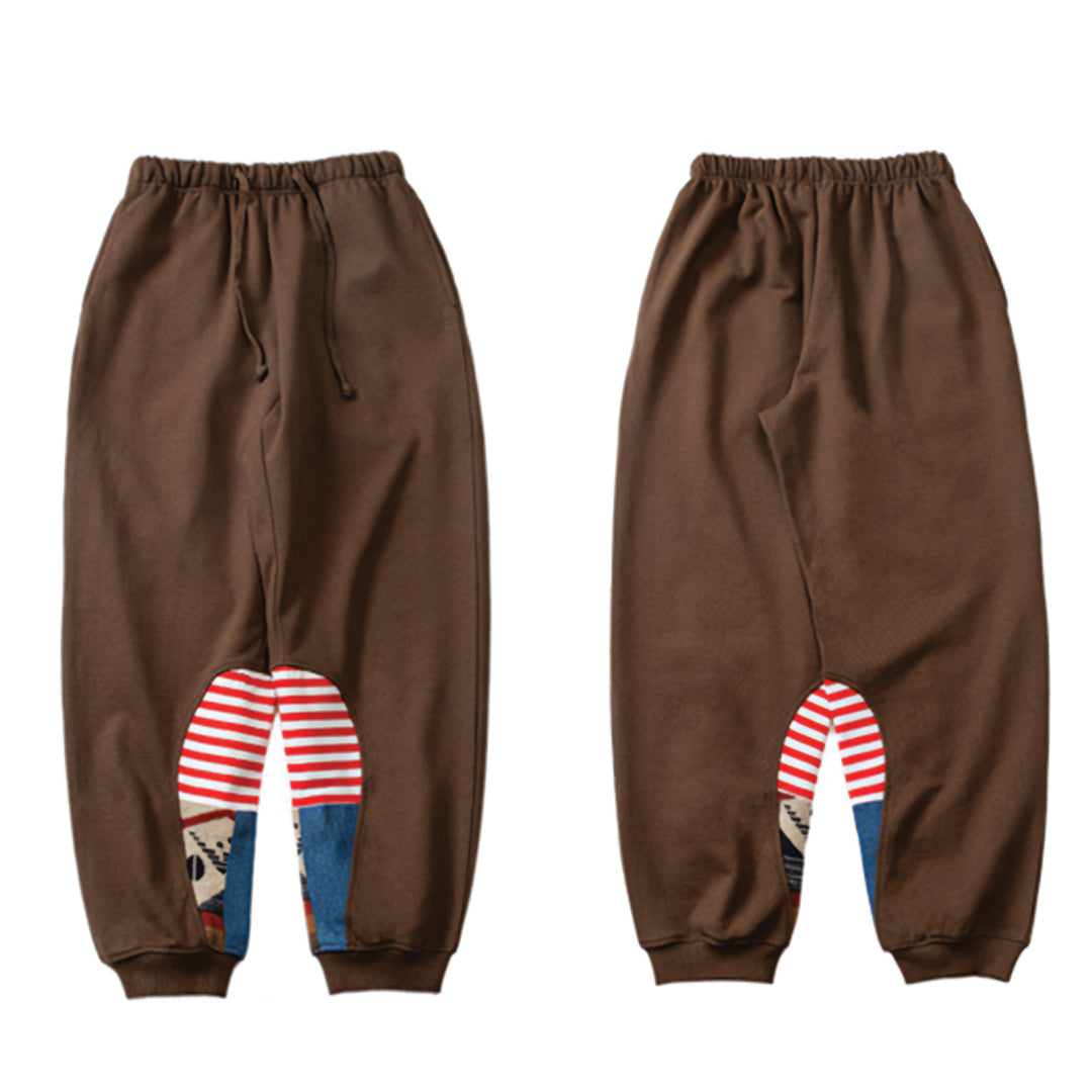 Men's loose fit cotton terry sweatpants in stripes and dots patchwork pattern with elastic waist