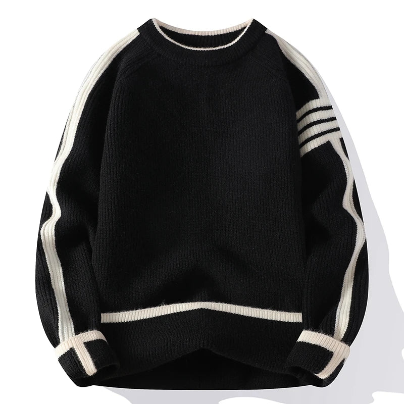 Unisex bulky knit pullover with bold retro contrasting stripes in soft polyester cotton blend