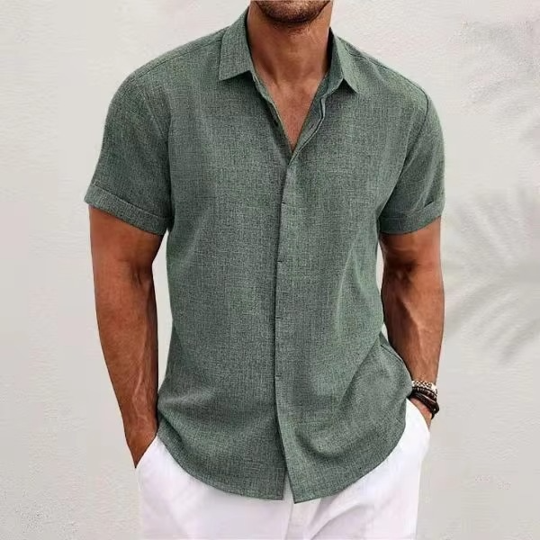 Men's short sleeve linen shirt lightweight breathable solid color classic collar relaxed summer fit