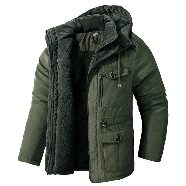 Olive sherpa-lined utility jacket with multiple functional pockets, relaxed outdoor fit