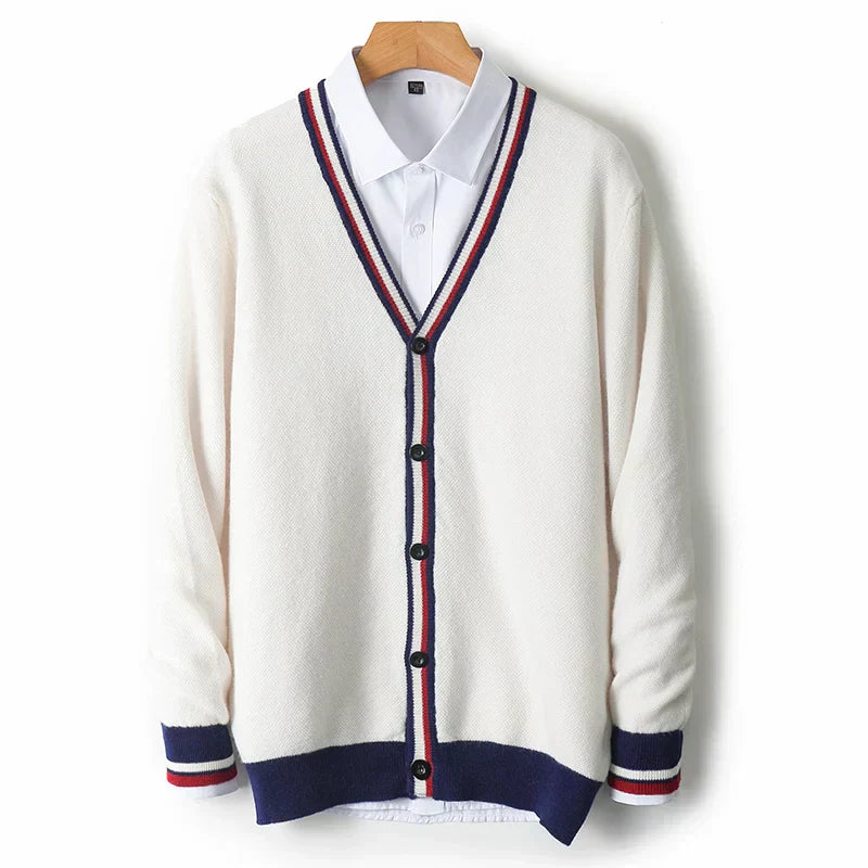 Men's wool blend cardigan relaxed fit V-neck button closure ribbed edges casual knit sweater