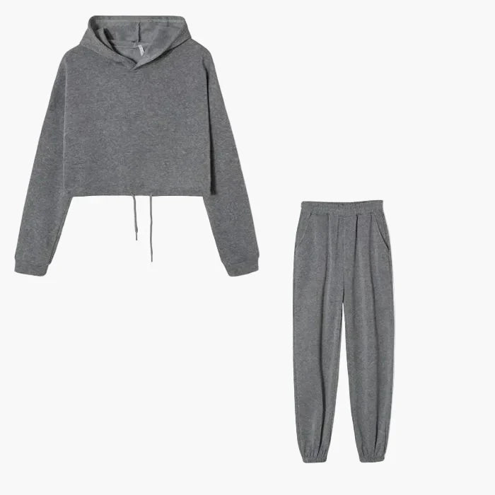 Women's two-piece lounge set cropped hoodie and joggers cozy streetwear coordinated casual comfort