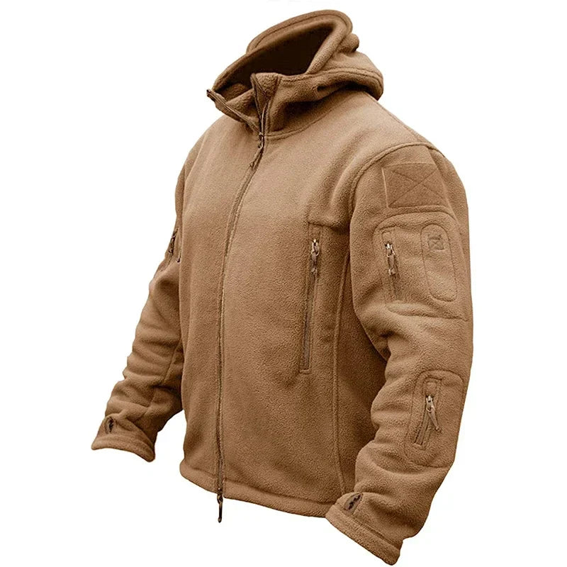 Men's tactical thermal fleece jacket, water-resistant rugged outerwear with zippered pockets