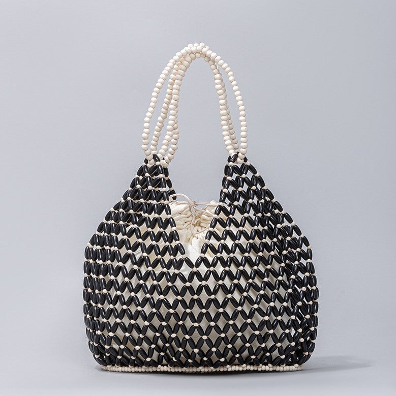 Urbann-Vibe Ava woven beaded tote bag natural wooden beads handcrafted summer handbag women