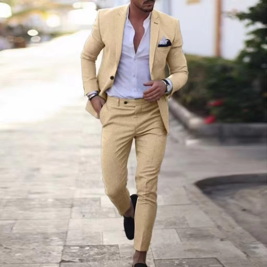 Men's linen two-piece blazer and pants suit set tailored slim fit for weddings and summer events