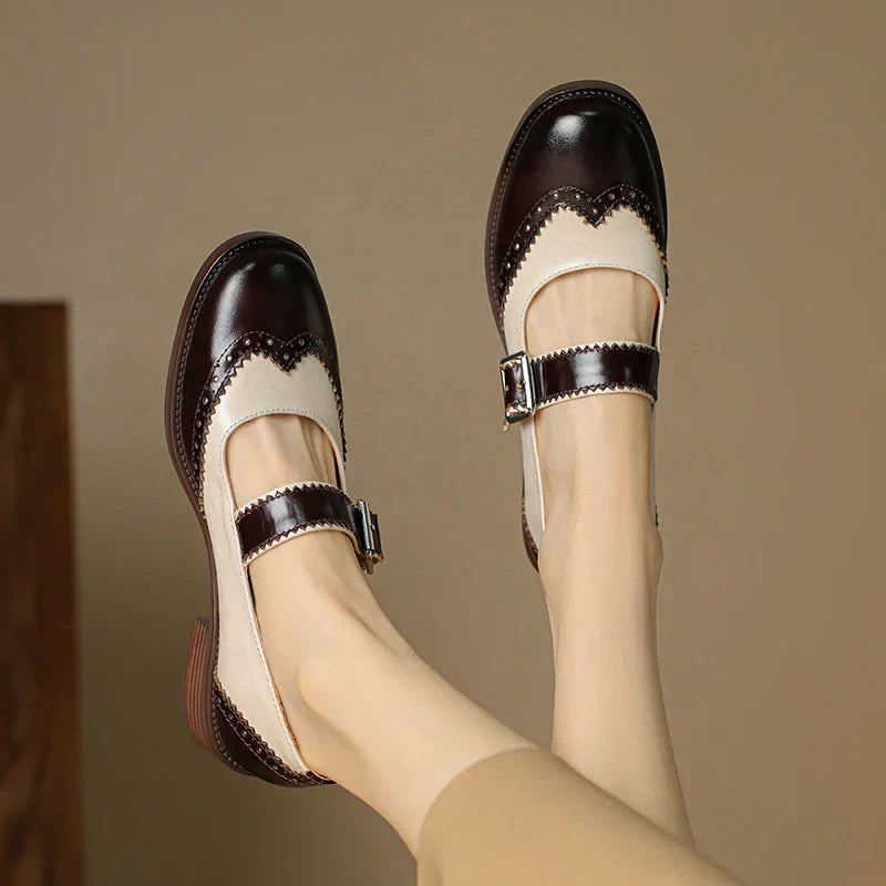 Harlow | Women's Two-Tone Vegan Leather Mary Jane Shoes Brogue T-Strap
