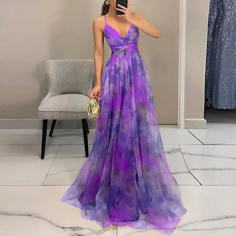 Ruby floral maxi dress women pleated chiffon romantic watercolor pastel blooms full-length silhouette