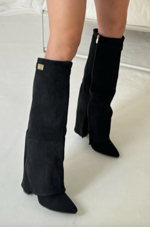 Women's brown suede knee-high boots pointed toe block heel elegant everyday style