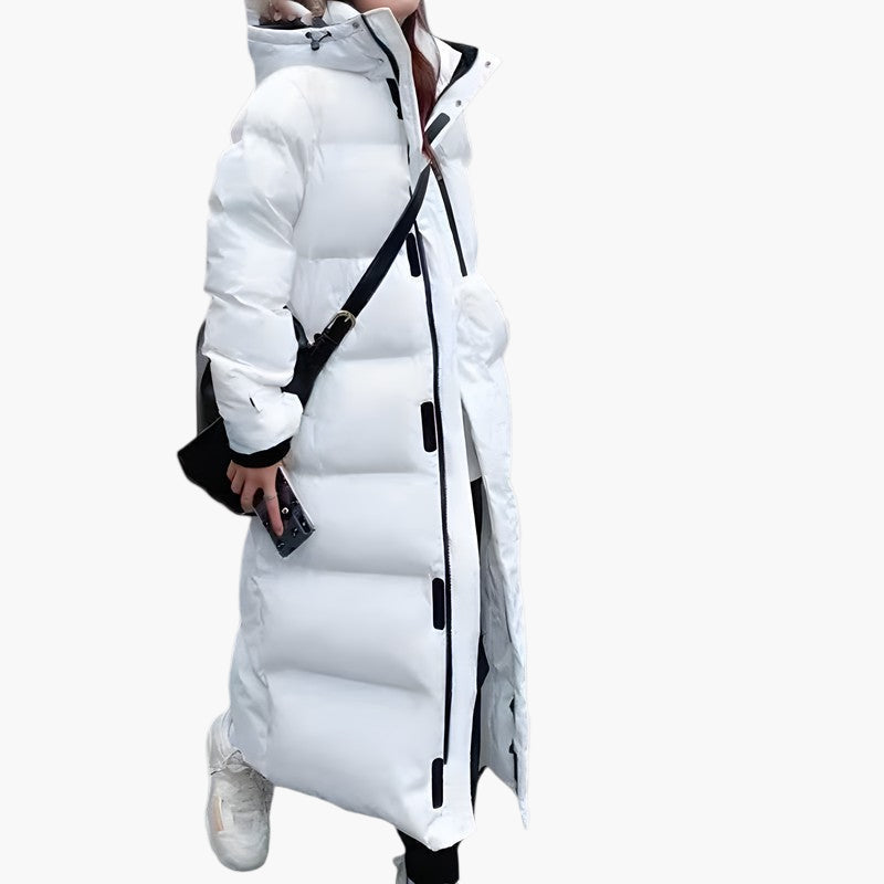 Women's elegant hooded quilted puffer coat lightweight full-length streamlined fit for everyday warmth