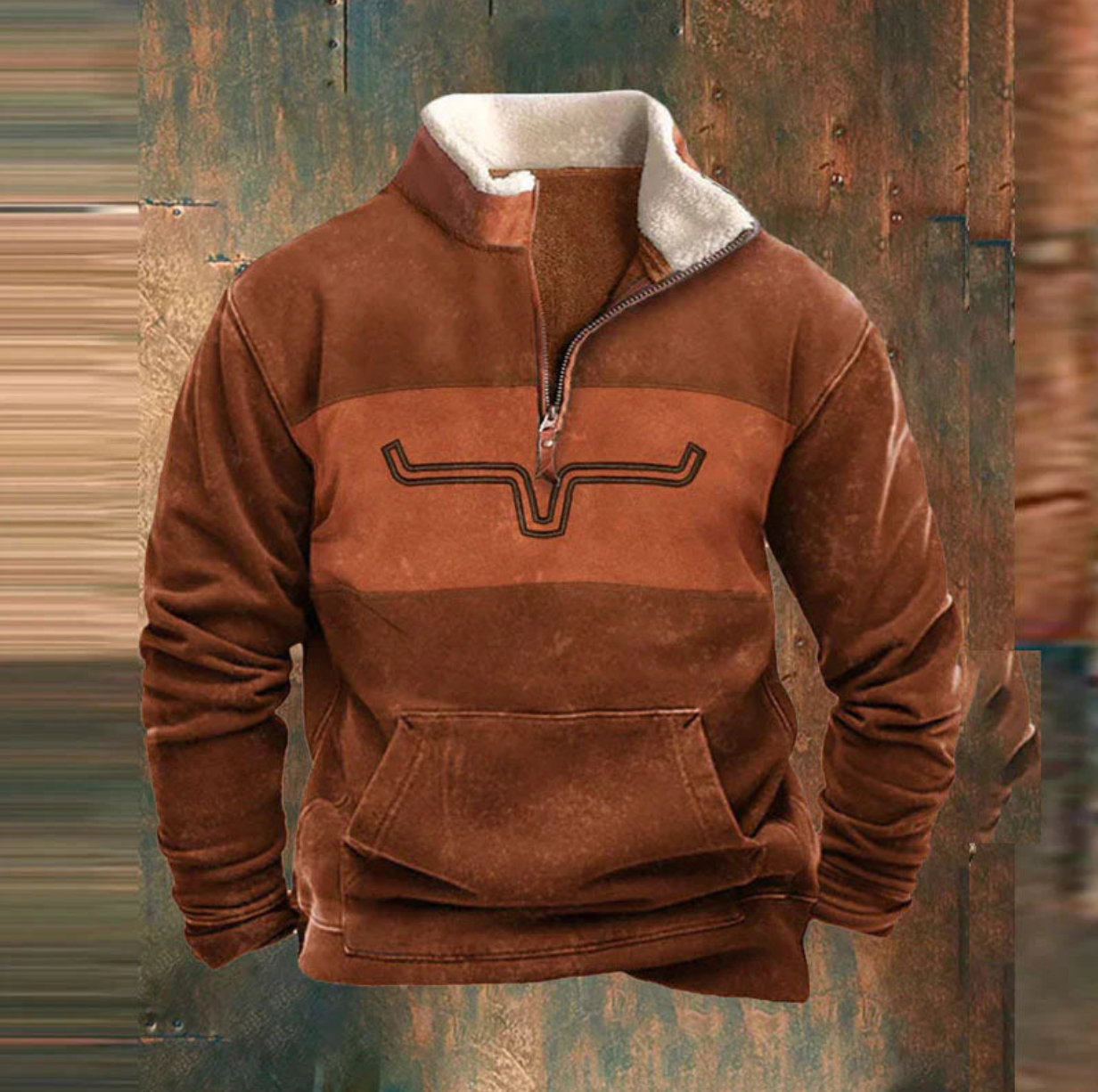 Men's brown Western pullover fleece with longhorn embroidery, soft fleece-lined interior, rugged outdoor fit