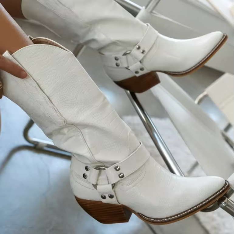 Women's cow print western mid-calf boots, bold pointed toe with classic cowboy silhouette