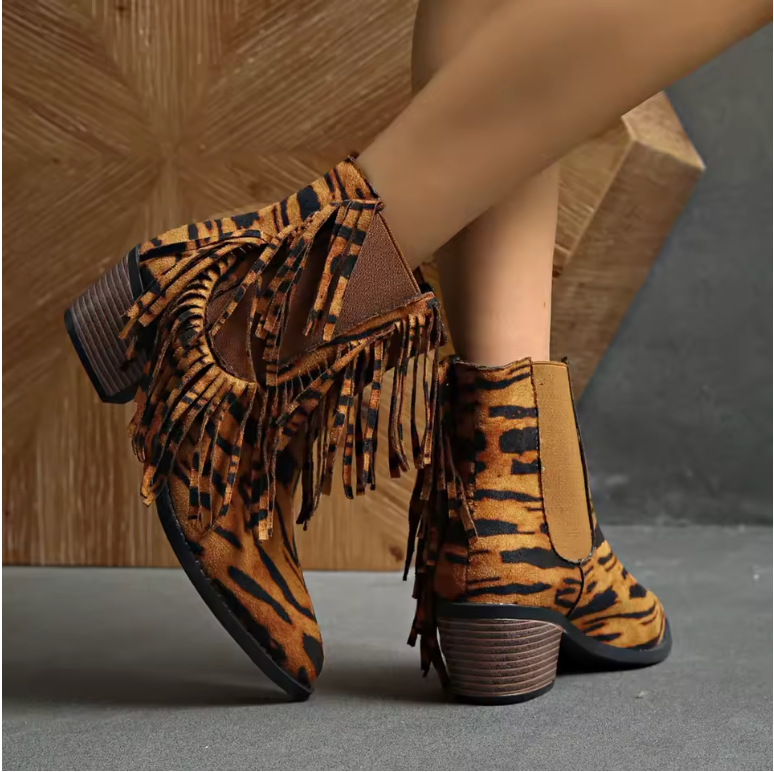 Women's brown fringe western ankle boots with patterned finish and block heel