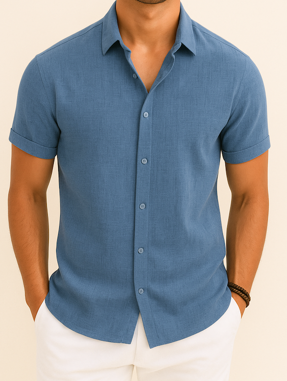 Vero Amsterdam men's short sleeve linen shirt, lightweight cotton-linen blend, minimalist everyday elegance