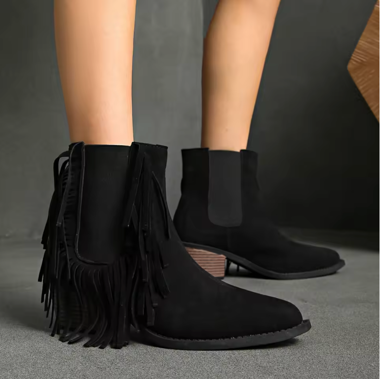 Women's brown fringe western ankle boots with patterned finish and block heel