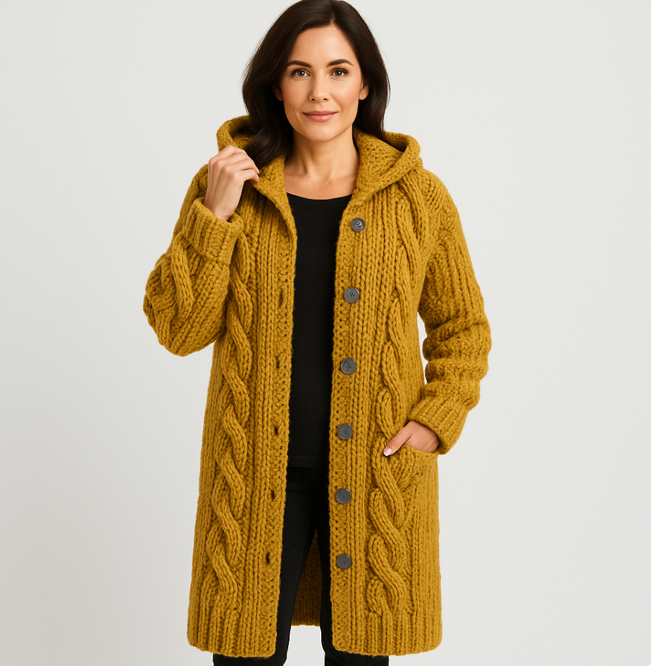 Women's chunky cable knit hooded cardigan coat with relaxed silhouette and button front closure