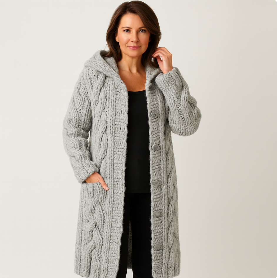 Women's chunky cable knit hooded cardigan coat with relaxed silhouette and button front closure