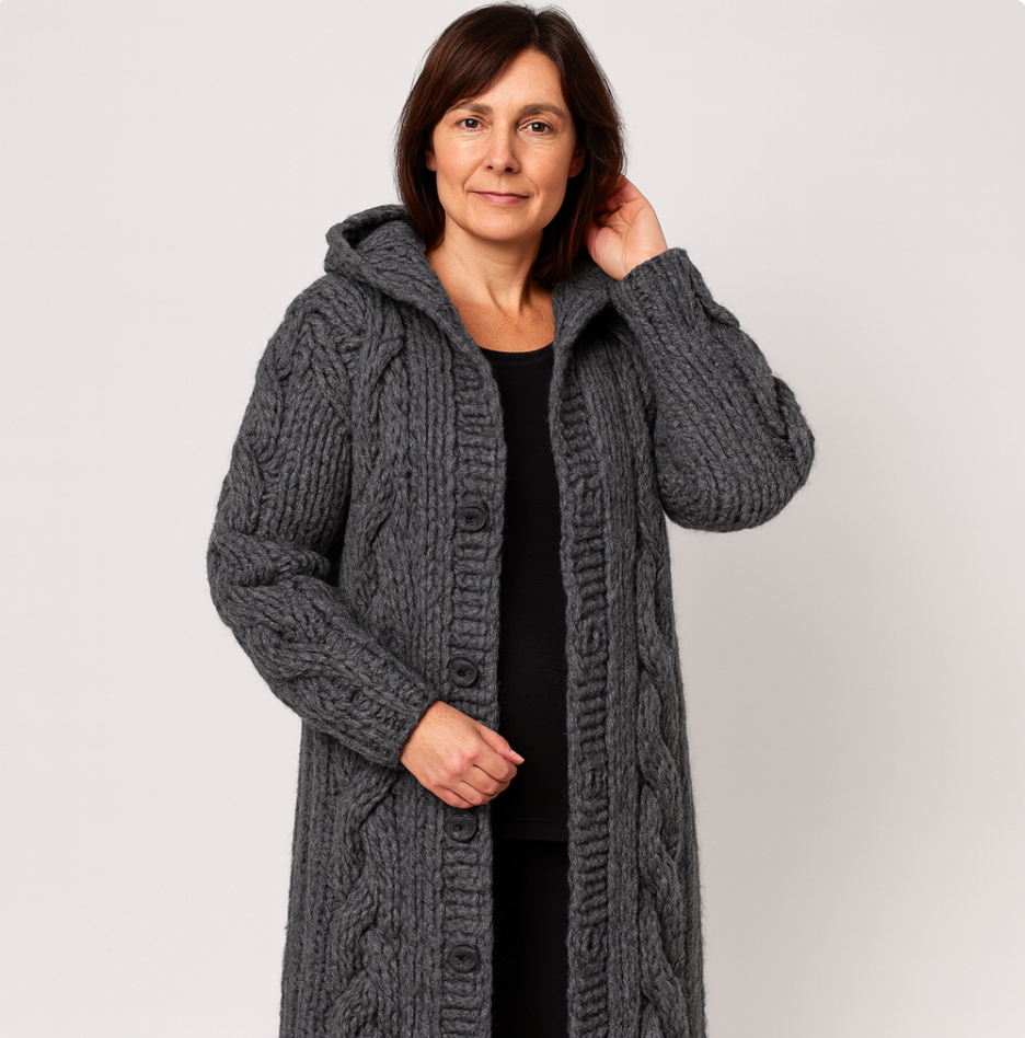 Women's chunky cable knit hooded cardigan coat with relaxed silhouette and button front closure