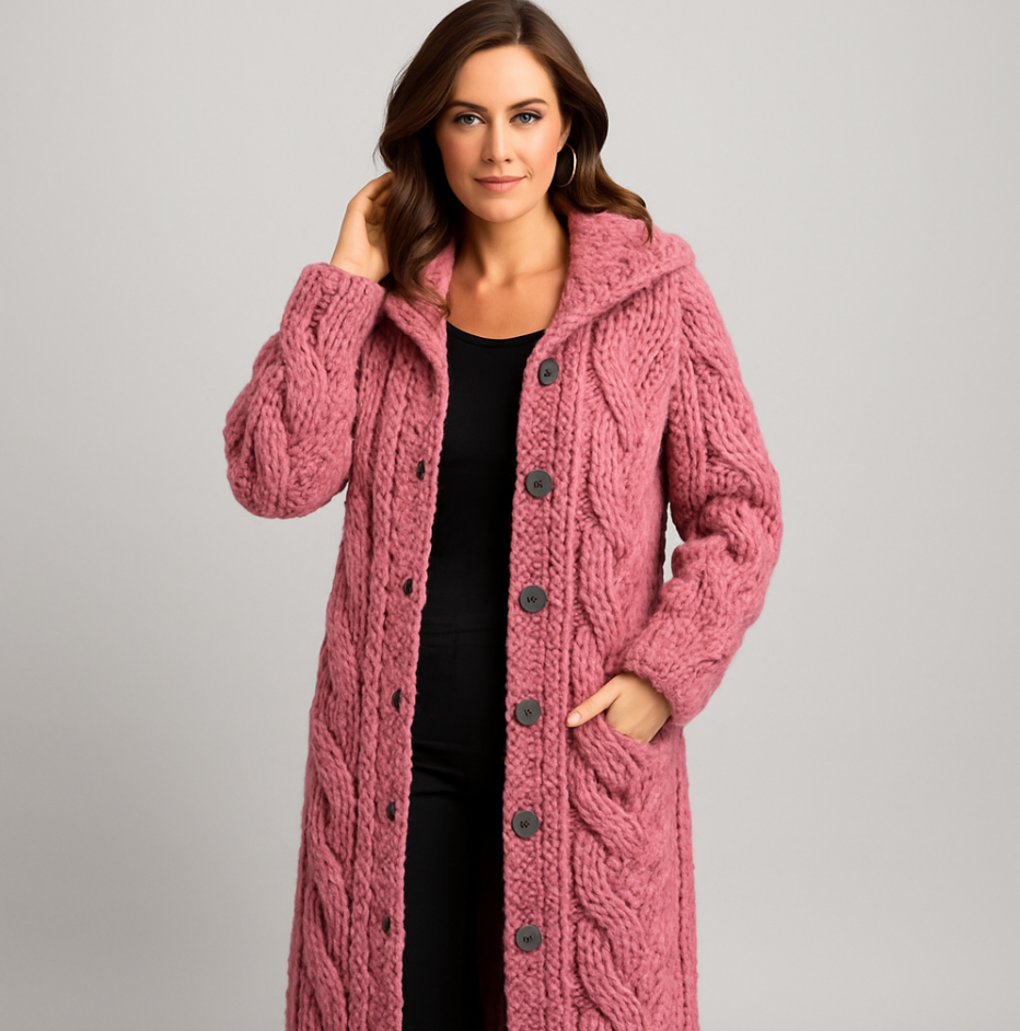 Women's chunky cable knit hooded cardigan coat with relaxed silhouette and button front closure