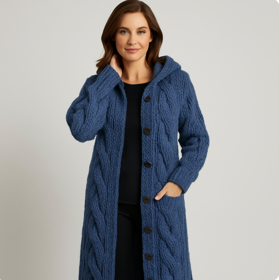 Women's chunky cable knit hooded cardigan coat with relaxed silhouette and button front closure