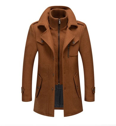 Men's wool blend double-breasted trench coat high collar winter outerwear modern professional style