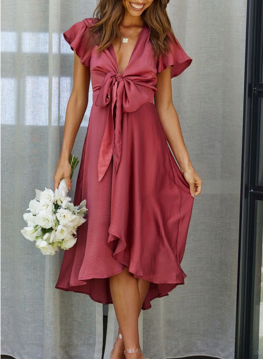 Kinga women's elegant midi dress in neutral tone, timeless silhouette with breathable soft fabric