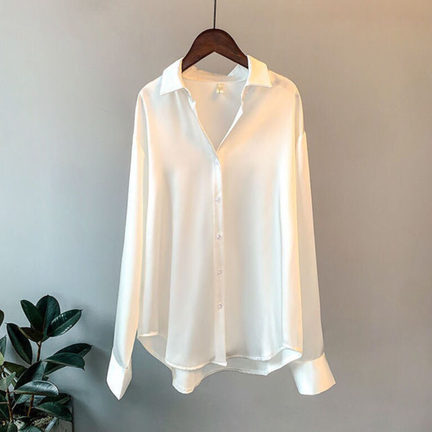 Women's loose fit satin button-down blouse relaxed silhouette smooth luxurious drape effortless chic