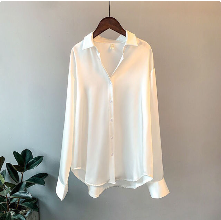 Women's ivory satin nightgown elegant flowing fit classic collar silky fabric subtle luxurious shine