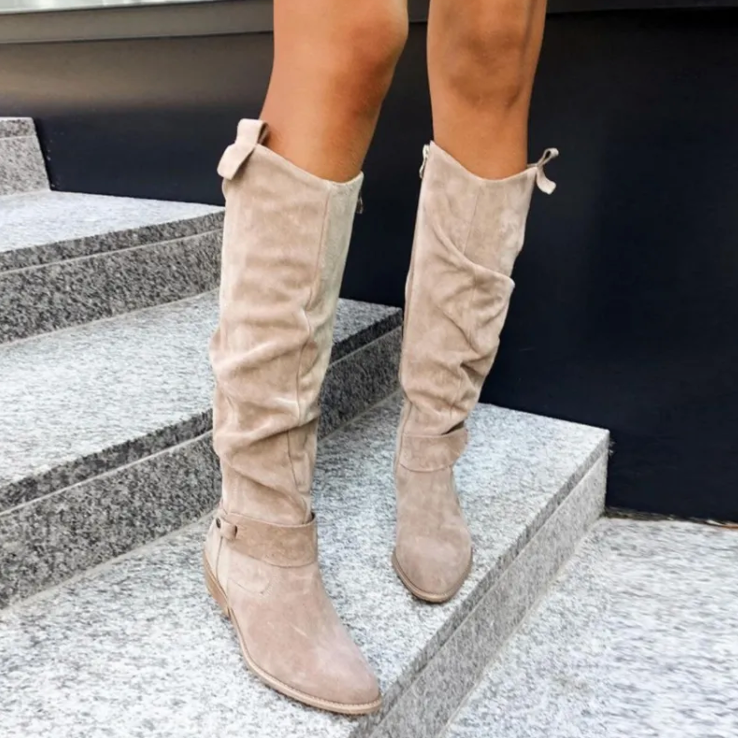 Women's black over-the-knee boots low block heel loose shaft elegant toe winter style