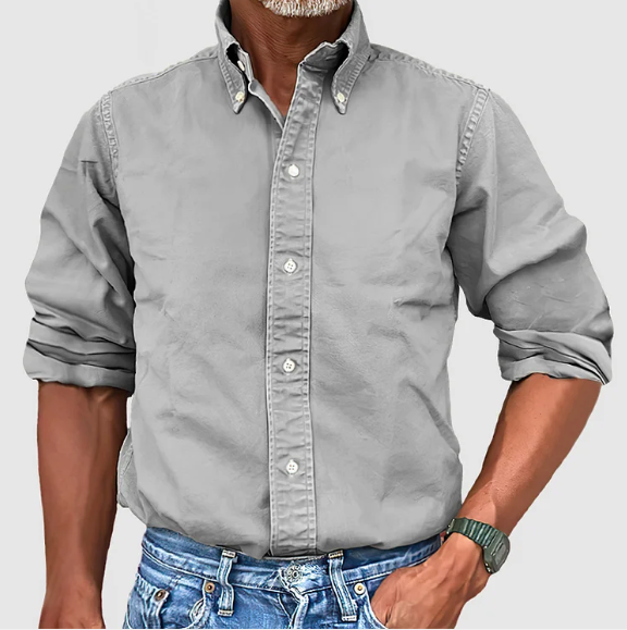 Adam men's navy blue button-up long sleeve casual shirt with classic collar for smart everyday wear