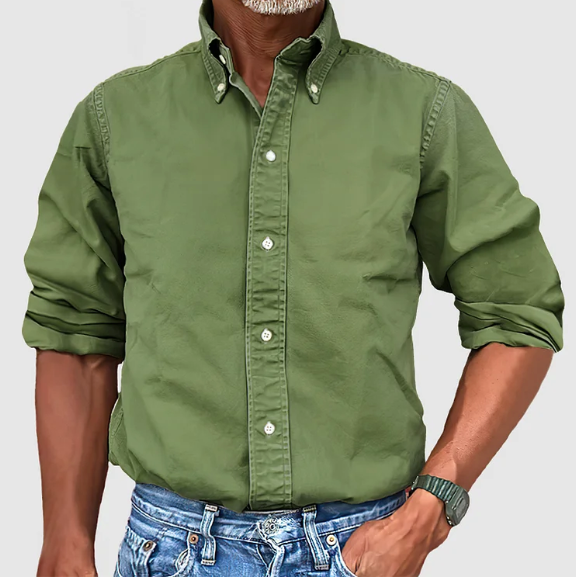 Adam men's blue button-up long sleeve casual shirt with classic refined front closure