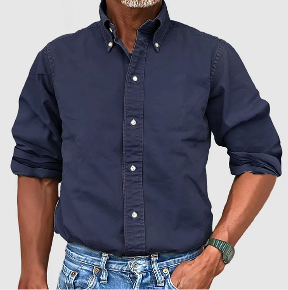 Adam men's blue button-up long sleeve casual shirt with classic collar for smart everyday wear