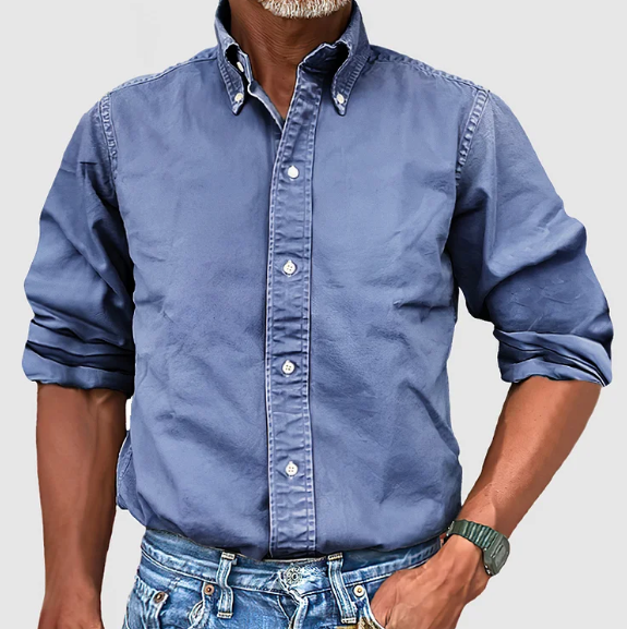 Adam men's blue long sleeve button-up casual shirt with classic fit and refined front closure