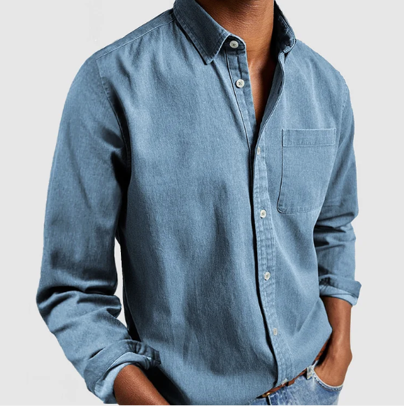 Men's white cotton long sleeve shirt classic collar button-front with chest pocket