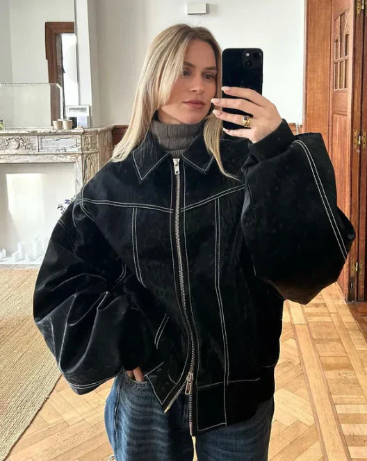 Birte oversized black faux leather jacket relaxed silhouette with edgy streetwear style